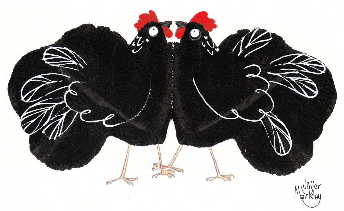 ink blot and line drawing of two mirror chickens