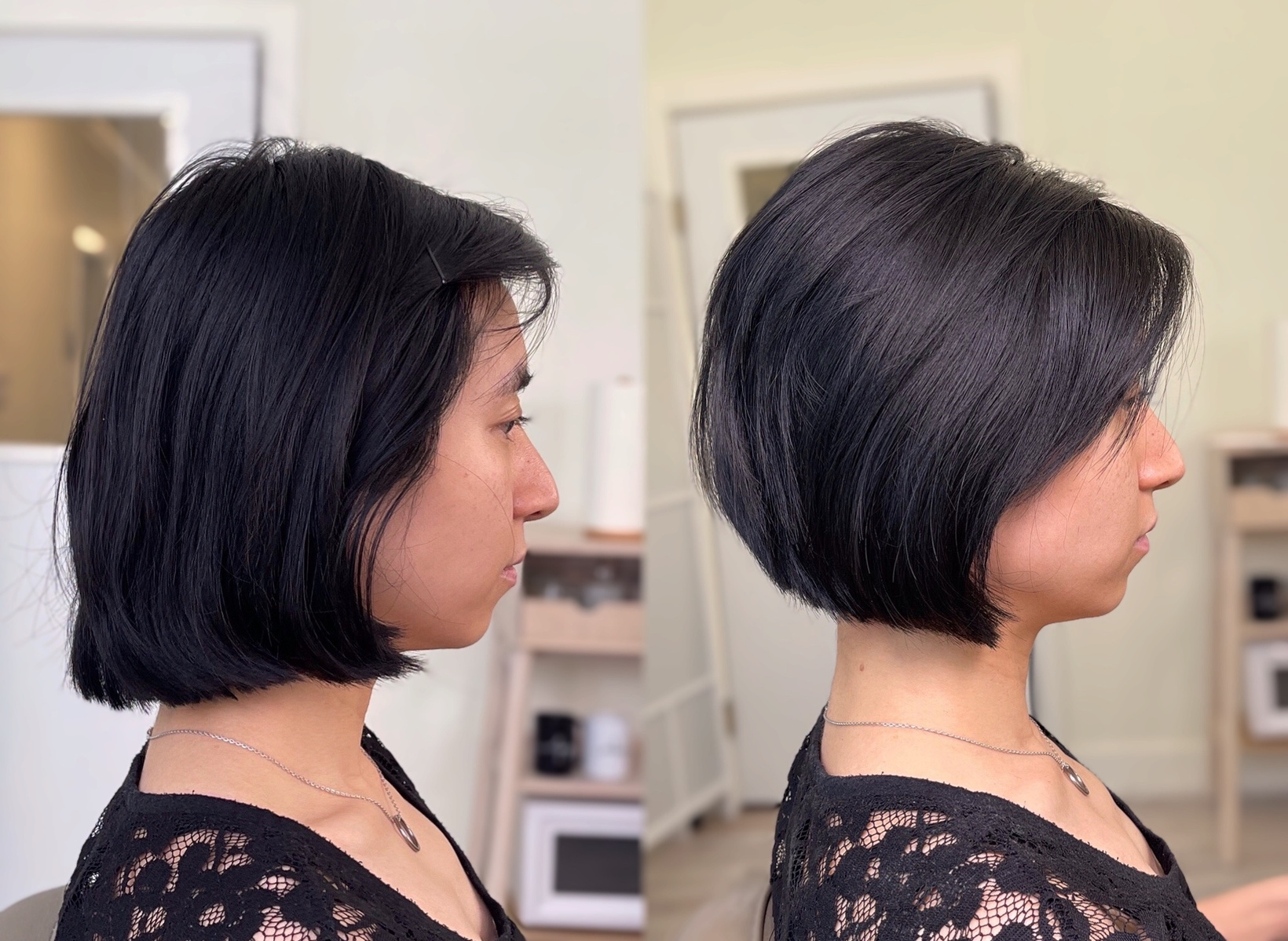 Asian girl with short bob hairstyle haircut.