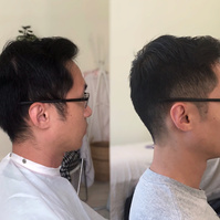 Asian men's haircut, fade into top.