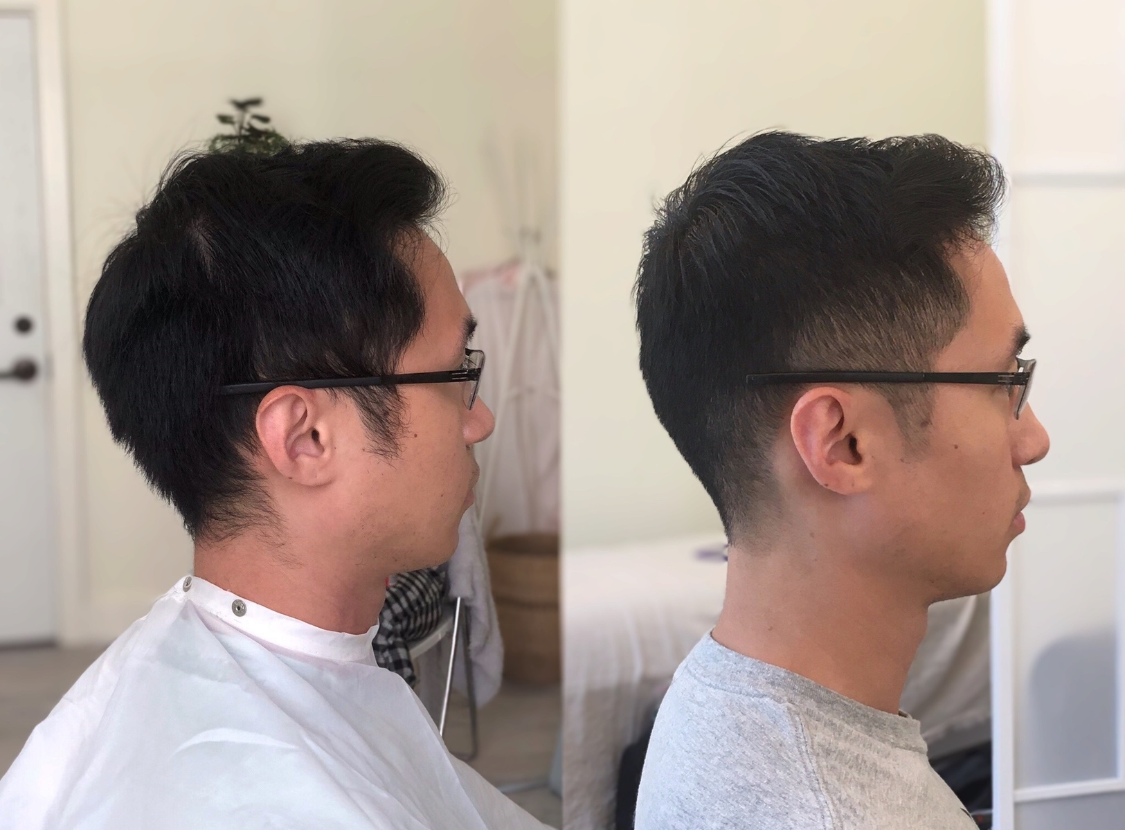 Asian men's haircut, fade into top.