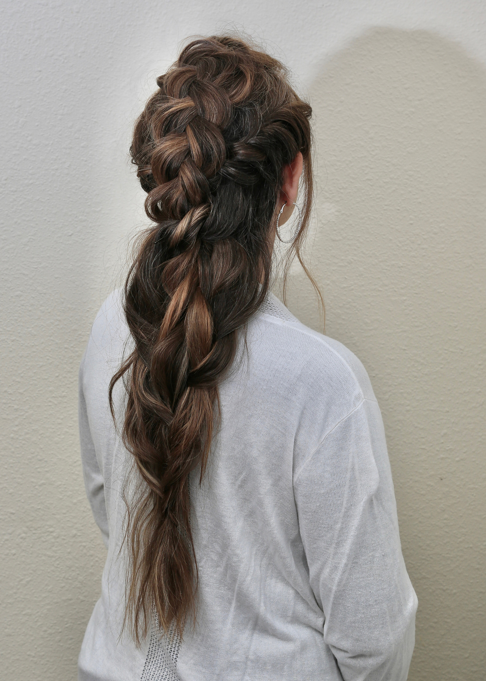 big french braid on the bride-to-be, big soft french braid.