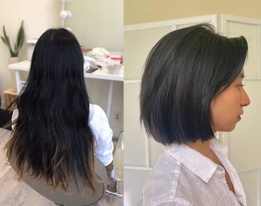 Girl in long soft wavy hair and bob haircut. 