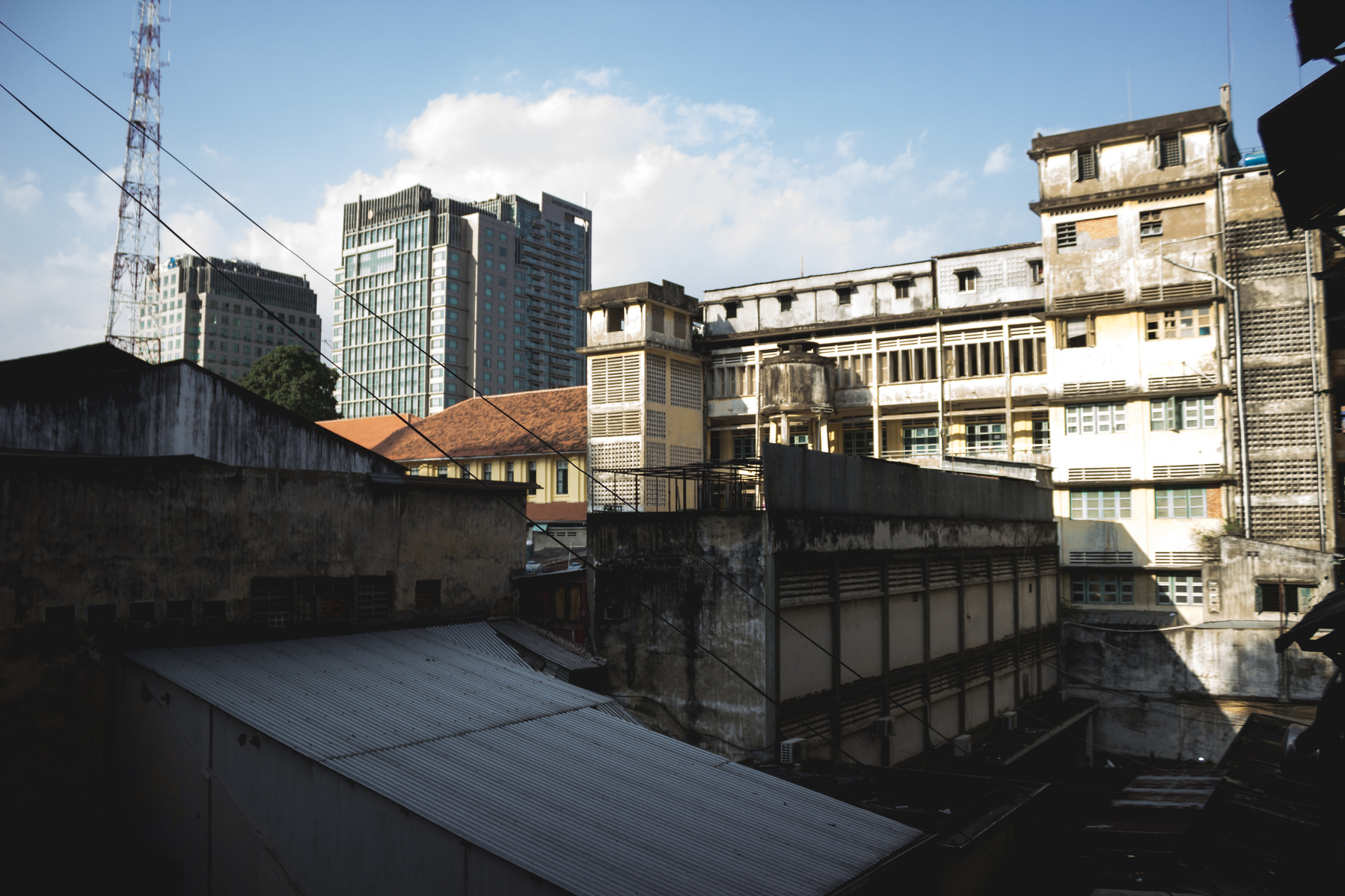 Old buildings contrasted by sunlight