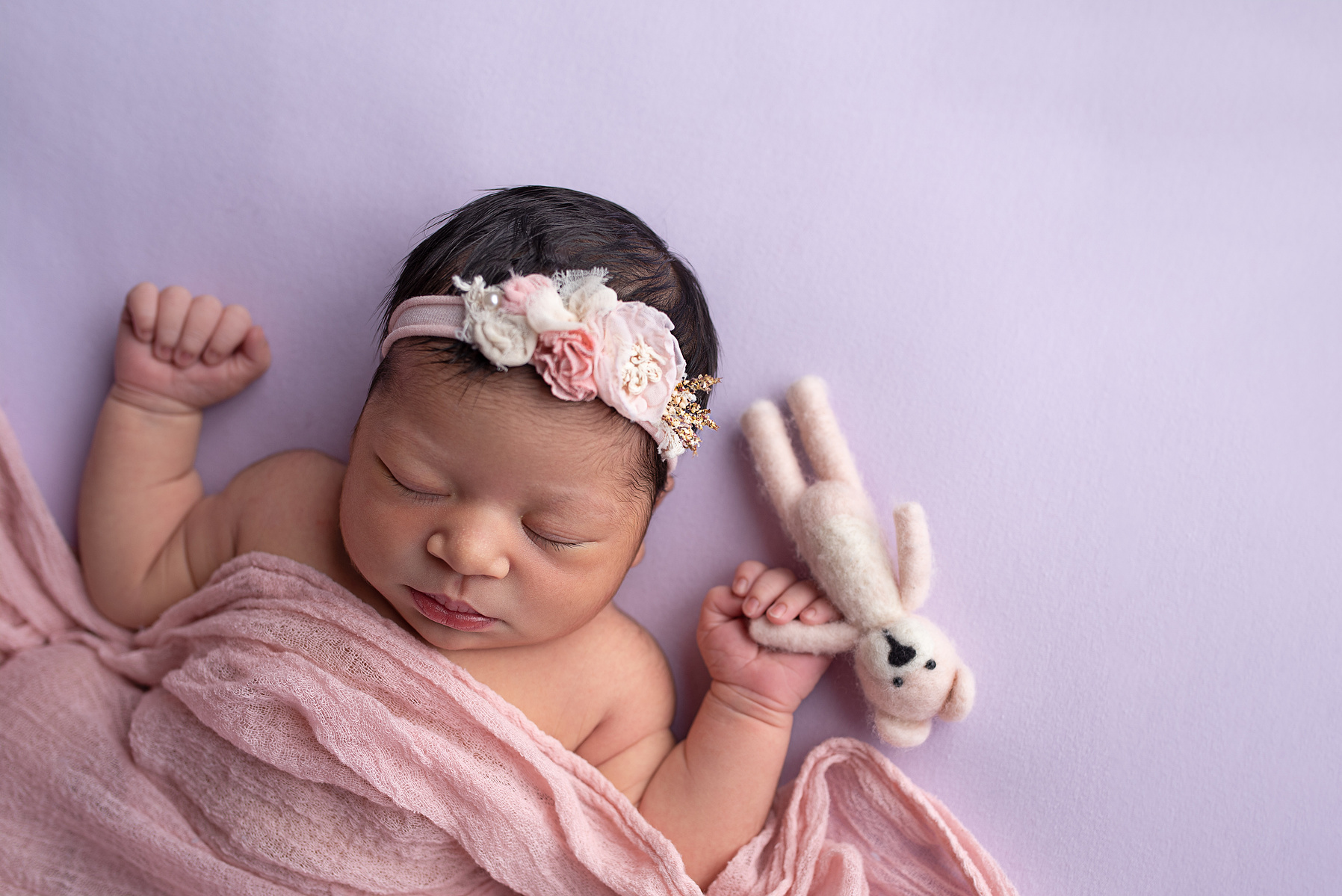 Newborn baby girl, toy bear, purple, pink, headband, Baby girl, newborn baby, cute baby, newborn photos, newborn photography, professional newborn photos, newborn photography in orlando, Miami newborn photographer 
