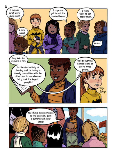 Autumnal middle grade comic and graphic novel with diverse characters. Fall setting with magical talking pumpkin by Alyssa Hutchings.