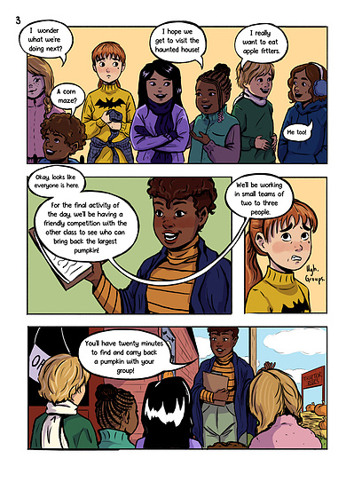Autumnal middle grade comic and graphic novel with diverse characters. Fall setting with magical talking pumpkin by Alyssa Hutchings.