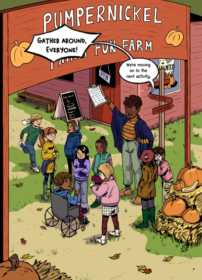Colorful splash page for middle grade comic and graphic novel with diverse characters. Fall setting with magical talking pumpkin by Alyssa Hutchings.