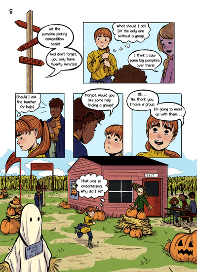 Autumnal middle grade comic and graphic novel with diverse characters. Fall setting with magical talking pumpkin by Alyssa Hutchings.