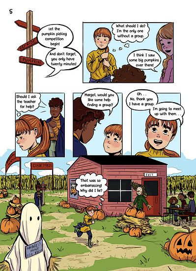 Autumnal middle grade comic and graphic novel with diverse characters. Fall setting with magical talking pumpkin by Alyssa Hutchings.
