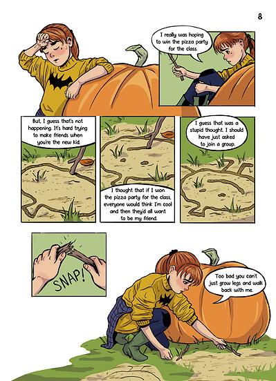 Autumnal middle grade comic and graphic novel with diverse characters. Fall setting with magical talking pumpkin by Alyssa Hutchings.