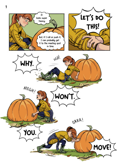 Autumnal middle grade comic and graphic novel with diverse characters. Fall setting with magical talking pumpkin by Alyssa Hutchings.
