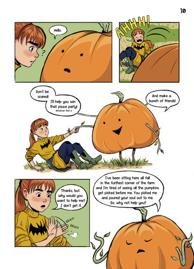 Autumnal middle grade comic and graphic novel with diverse characters. Fall setting with magical talking pumpkin by Alyssa Hutchings.