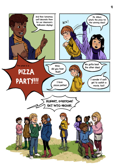 Autumnal middle grade comic and graphic novel with diverse characters. Fall setting with magical talking pumpkin by Alyssa Hutchings.