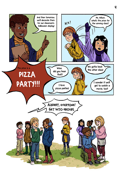 Autumnal middle grade comic and graphic novel with diverse characters. Fall setting with magical talking pumpkin by Alyssa Hutchings.