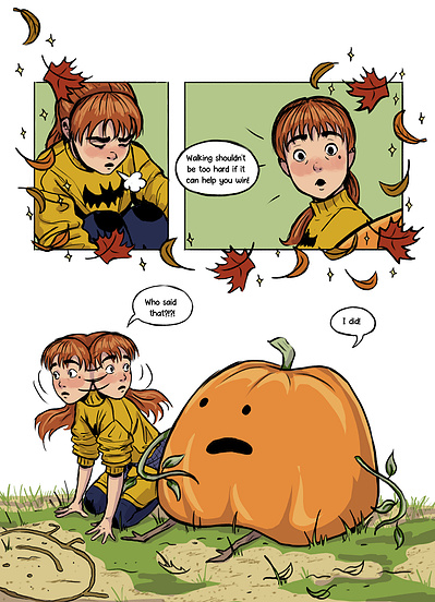 Autumnal middle grade comic and graphic novel with diverse characters. Fall setting with magical talking pumpkin by Alyssa Hutchings.