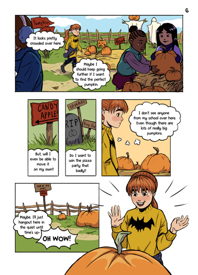 Autumnal middle grade comic and graphic novel with diverse characters. Fall setting with magical talking pumpkin by Alyssa Hutchings.