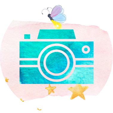 A watercolor teal camera with a watercolor firefly on top of it and stars around it, meant to represent my photography gallery. - My Firefly Designs