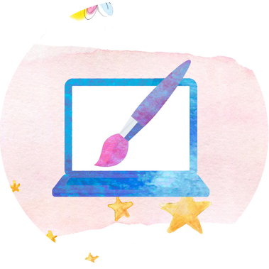 A watercolor blue laptop with a white screen  and a matching paintbrush hovering over the laptop. There are watercolor stars all around. - My Firefly Designs