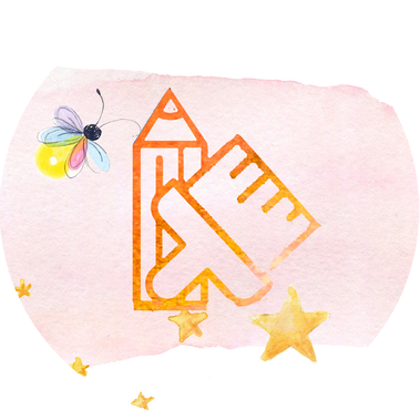 A watercolor orange pencil and paintbrush laying together with a watercolor firefly next to them and stars all around. - My Firefly Designs