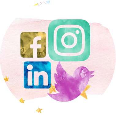 Multi-colored watercolor social media logos with watercolor stars around it, meant to represent my Social Media Management. - My Firefly Designs