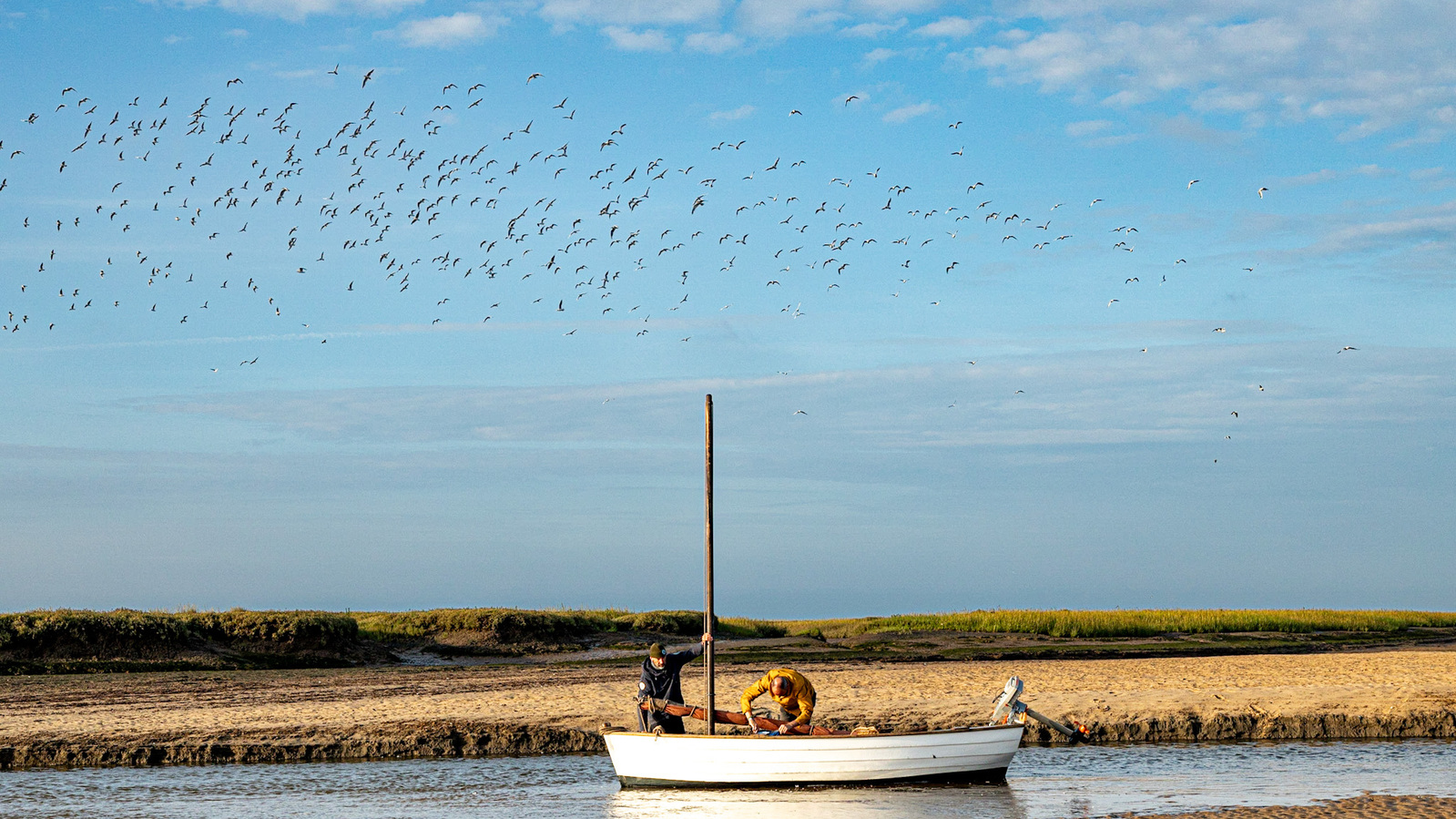 A wooden sail boat at anchor on the Norfolk coast - a flock of birds overhead.