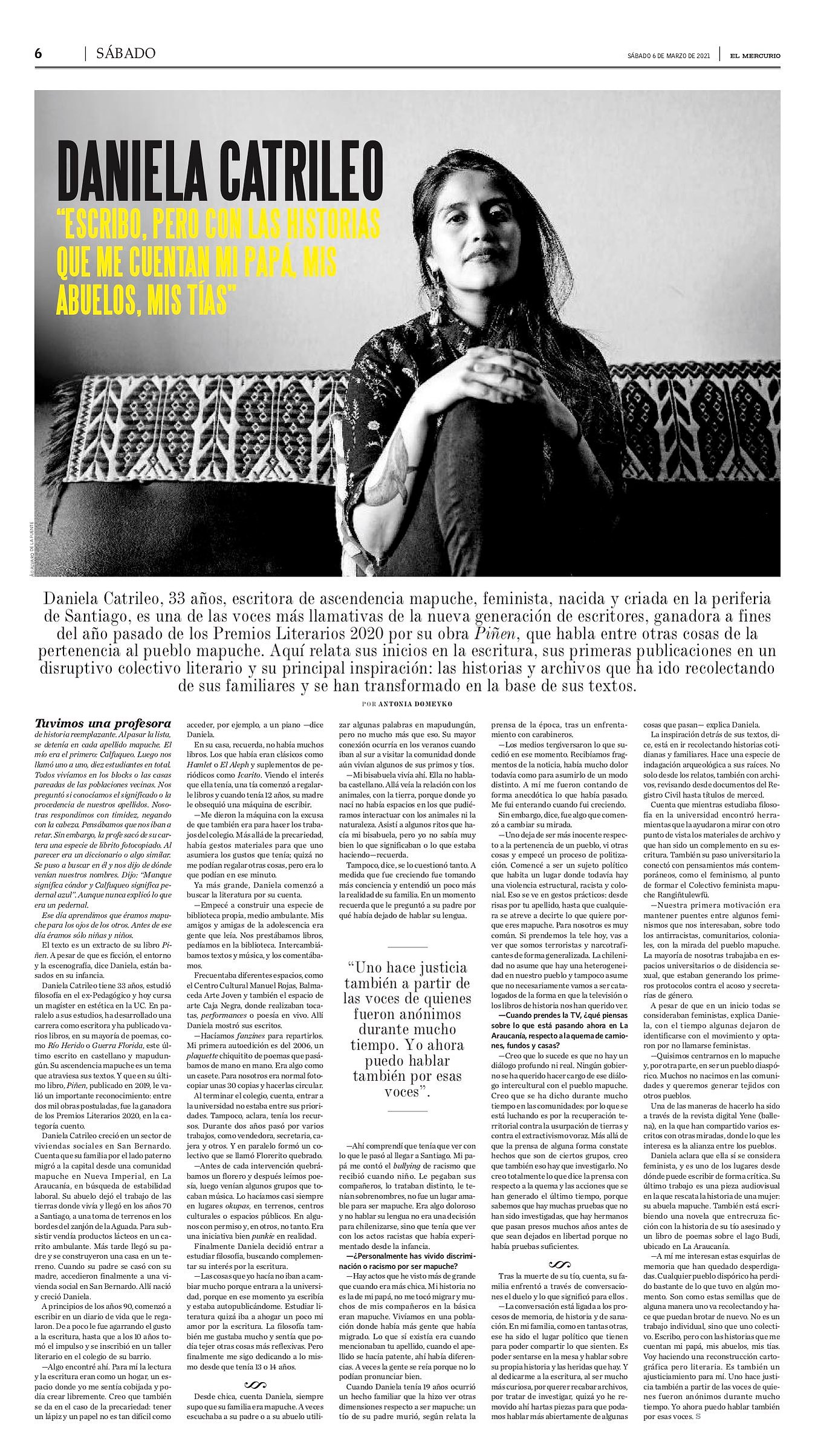 Daniela Catrileo en revista Sábado de El Mercurio