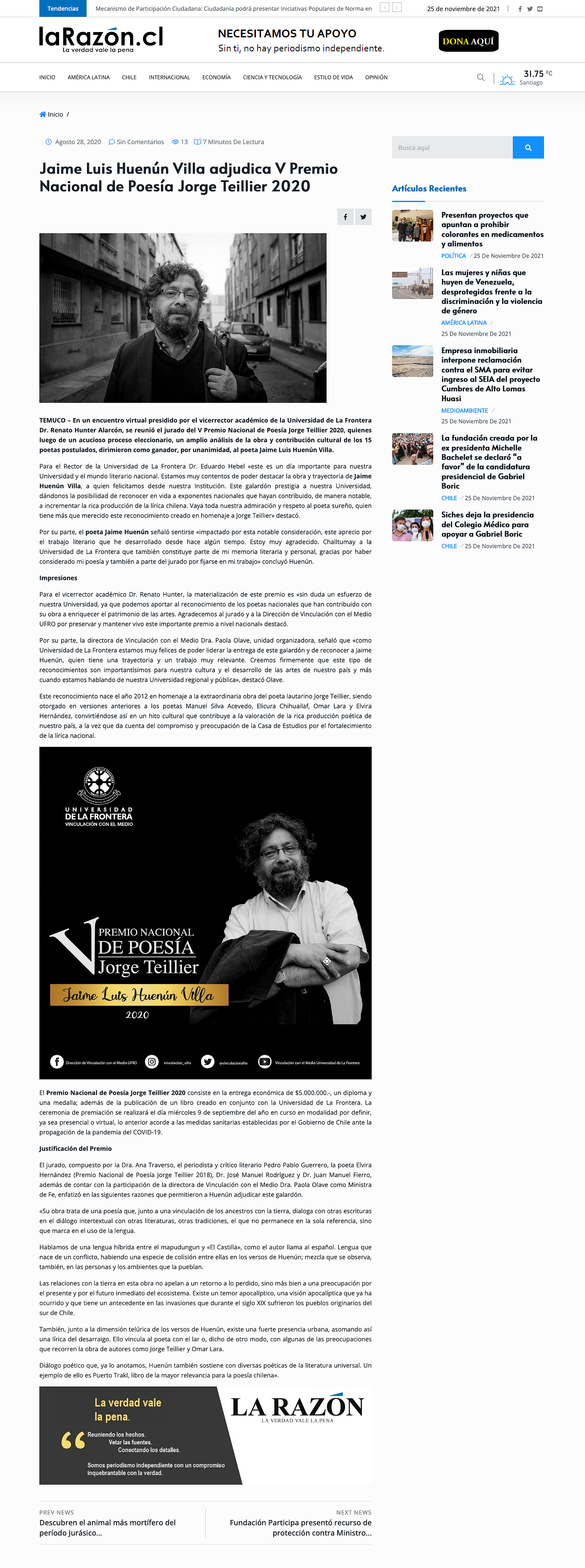 Jaime Huenun, artículo publicado en larazon.cl