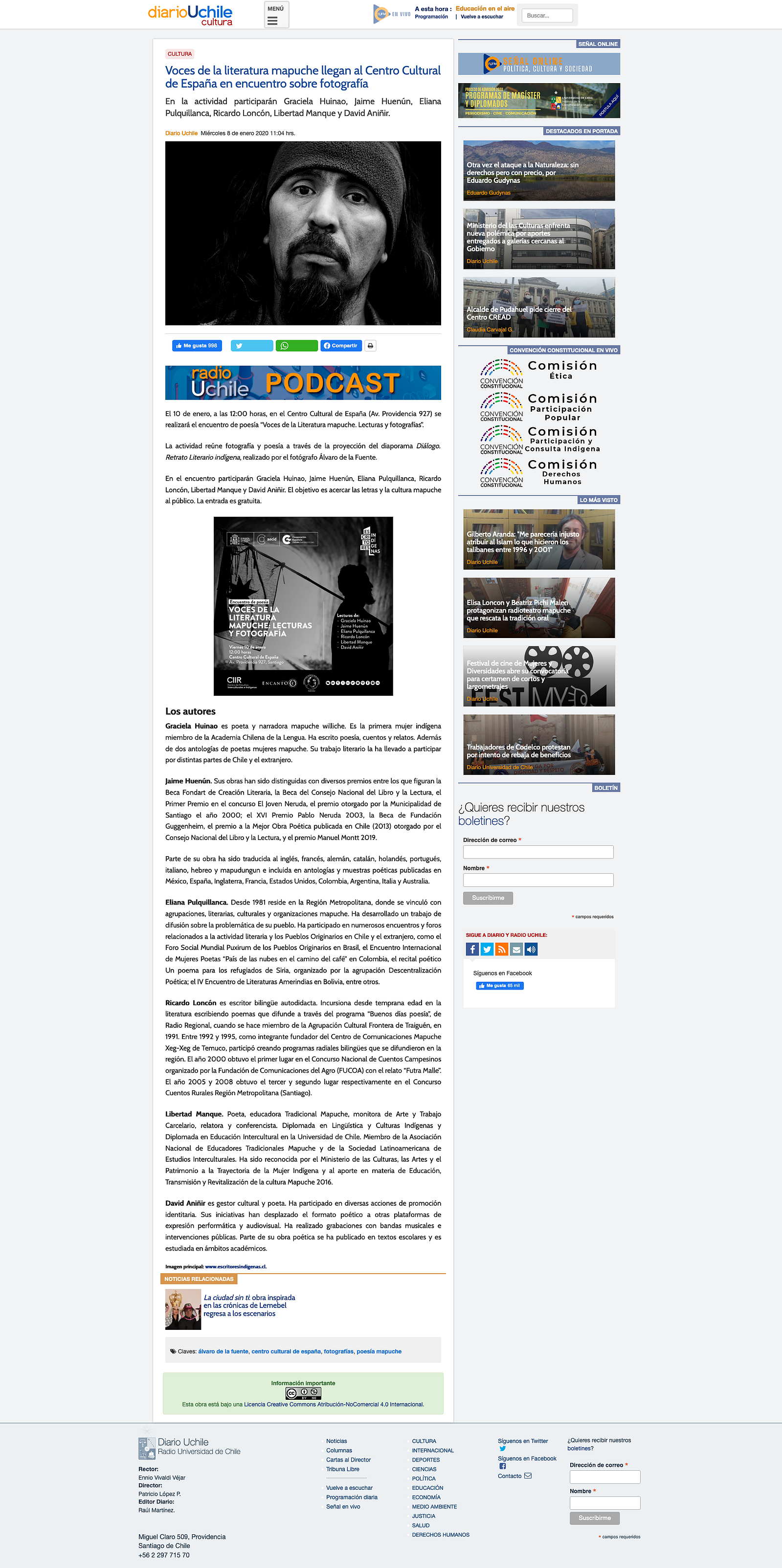 Nota en la web de la radio Universidad de Chile sobre el evento de fotografía y literatura mapuche realizado en el Centro Cultural de España en Santiago de Chile