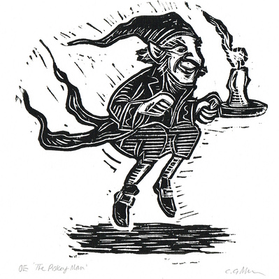 'The Piskey Man' Linocut. Copyright C.G.Michaels. All Rights Reserved. 