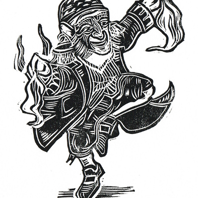'The Grim Elf'. Linocut. Copyright C.G.Michaels. All Rights Reserved. 