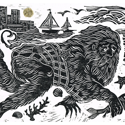 'The Wildman of Orford'. Linocut. Copyright C.G.Michaels. All Rights Reserved. 
