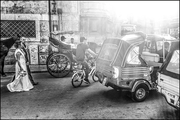 A wedding couple in the street with a horse bicycle and traffic in Palermo