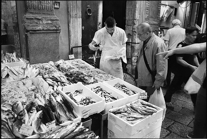 An old man buying fish in a street market in Bolognia.