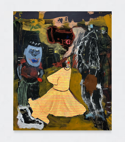 This Drip Daemon Has Demons Screaming. On Dark Days, Saga Bwoys Keep It Moving Through The Burning Haze, 2023
Oil stick, oil pastel, Spray paint, Soft pastel. Acrylic paint, Acrylic Paint marker, Charcoal on canvas
47 x 39.5 in