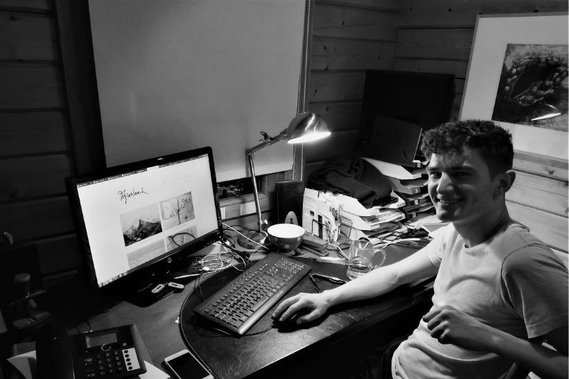 Noah Schaul, here working on the website, is Danielle's son and since 2018 her assisstant