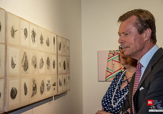 Grand Duke Henri is looking at Danielle's drawings at the Salon CAL