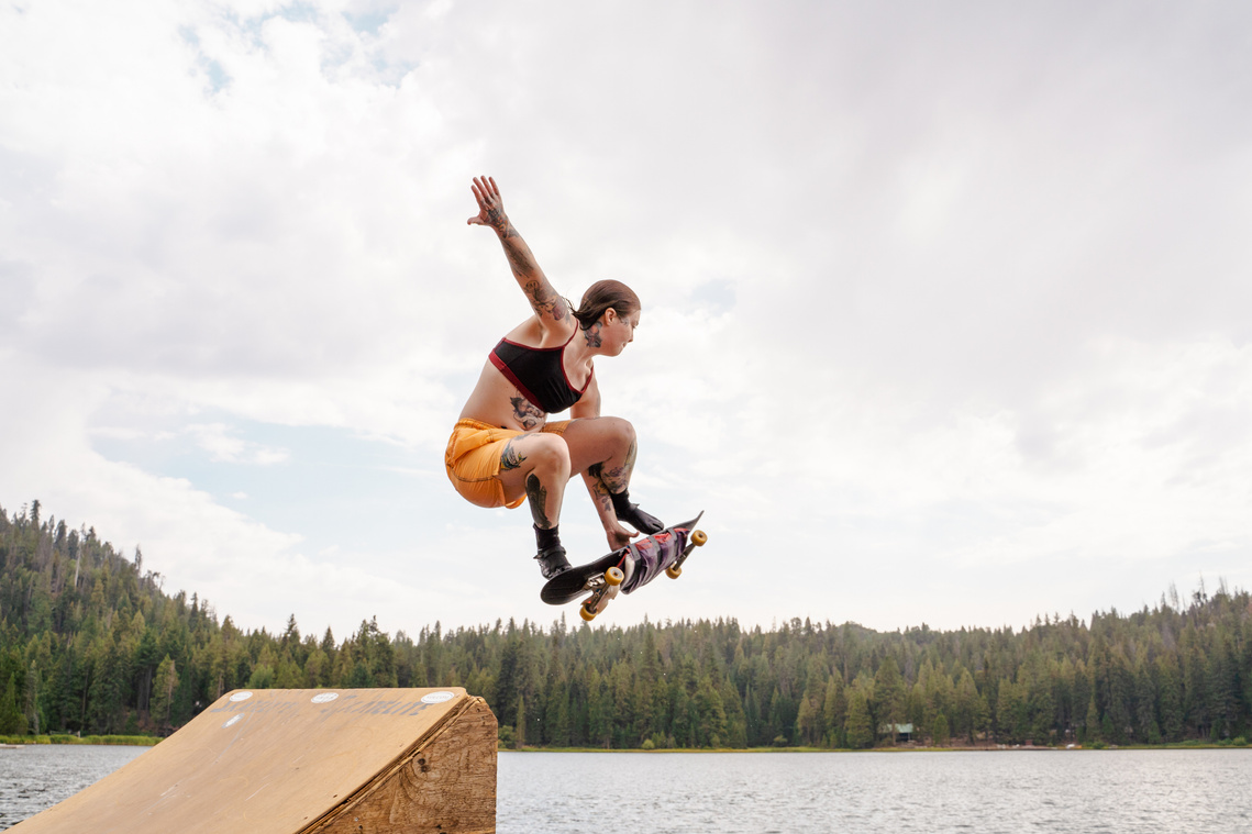 Haley Adams skates off the Lake Launch at YMCA's Sequoia Lake Skate Camp.  