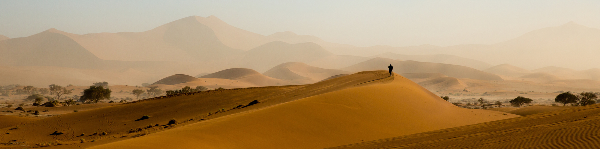 The Long Journey. Sossusvlei, Namibia 2019. A man walks along the the rim of a sand dune amidst an oncoming sandstorm. Shot for BBC Travel, 2019.