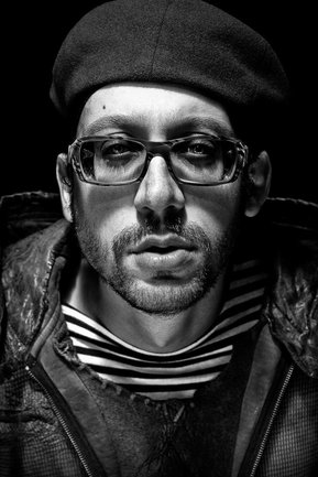 Gritty black and white portrait photo of Santino Rice from the series Exteriors by Kelly Castro