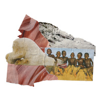 Analog collage with a polar bear lying with its belly down smiling on the thighs of a group of smiling topless children in the sand.