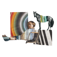 Analog collage with a child looking to the right seated on a chair. Her body and shoes are clothed in stacks of neutral coloured towels. A black and white horse stands behind on a zebra-patterned rug with a stack of curved rainbow fabrics to the left.