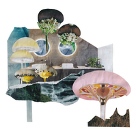 Analog collage with various coloured mushrooms sprouting from a washroom with organic shaped water in the foreground and background.