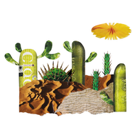 Analog collage with various types of spiky cactus in the sandy and dry desert with a yellow pom pom in the top right.
