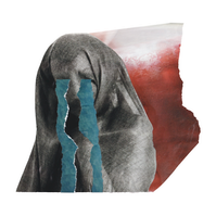 Analog collage with a black and white photograph of a person covered in a large cloth with two rows of irregularly shaped tears streaming down their bust. A crimson red shadow looms in the back.