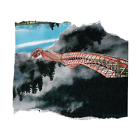 Analog collage with a red bridge across a blue sky in the top left corner and an upside down grey gloomy landscape.