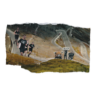 Analogue collage of a group of runners running through some brown hills with cheerleaders on the side.