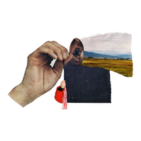 A hand holding an earbud in ear with a serene landscape in the background flowing out of the ear. a dark starry night sky is seen underneath with a smaller hand pulling the cord.