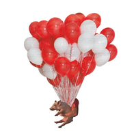 Analog collage of a left arm holding a pig held up by a loooooot of white and red balloons.