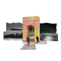 Analog collage of two people walking towards a fun pink rectangular archway with a lush outdoor scene in the distance against four irregular strips of greyscale bleak background.
