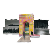 Analog collage of two people walking towards a fun pink rectangular archway with a lush outdoor scene in the distance against four irregular strips of greyscale bleak background.